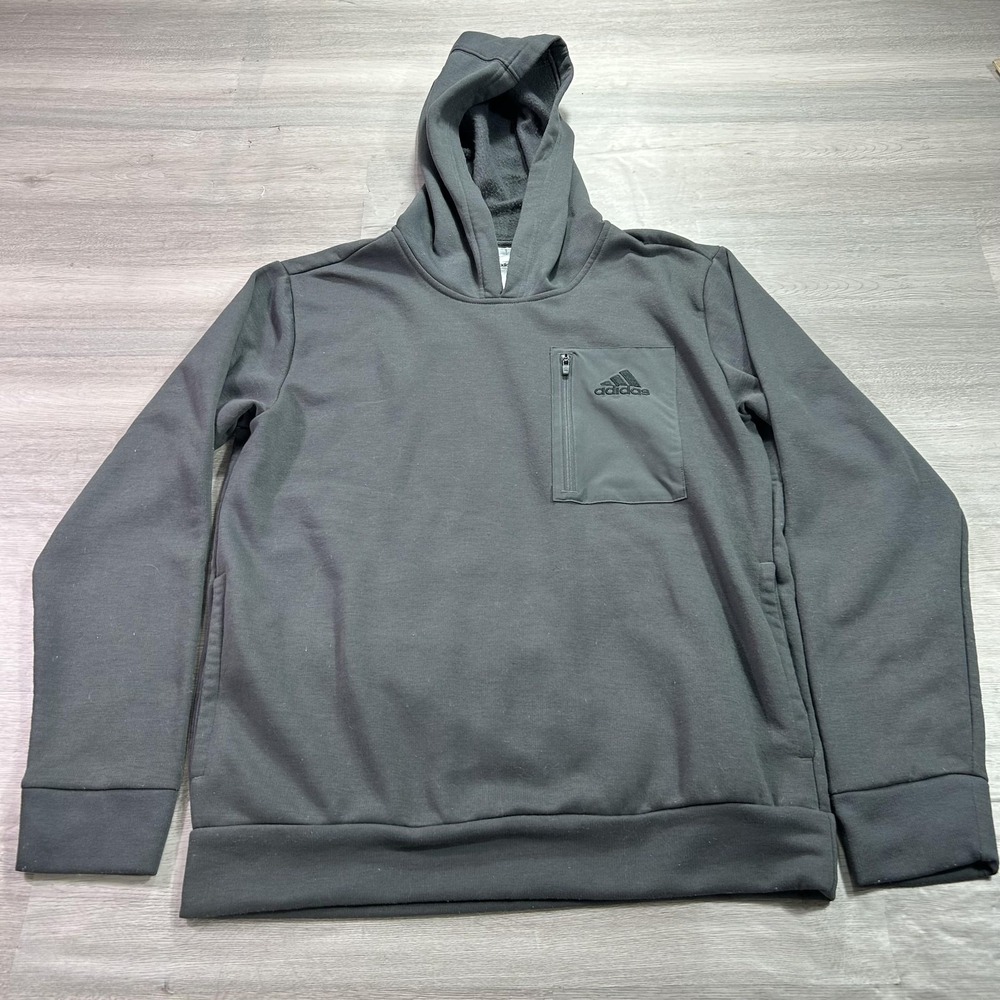 Adidas Hoodie Mens Medium Gray Fleece Sweatshirt Zip Chest Pocket‎ Athletic